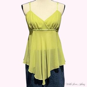 Y2K 2000s vintage DKNY lime green mesh asymmetrical fairy top with sequin detail